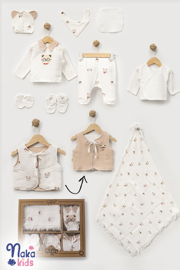 Müslin Ayıcık Erkek Bebek Hastane Çıkış Seti- 10 Parça