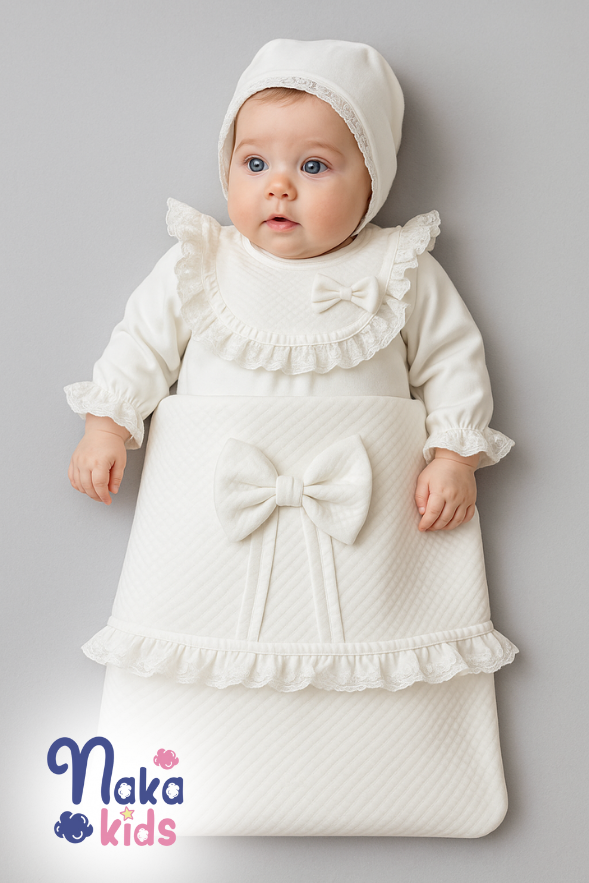 Dantelli Kız Bebek Hastane Çıkış Seti- 3 Parça