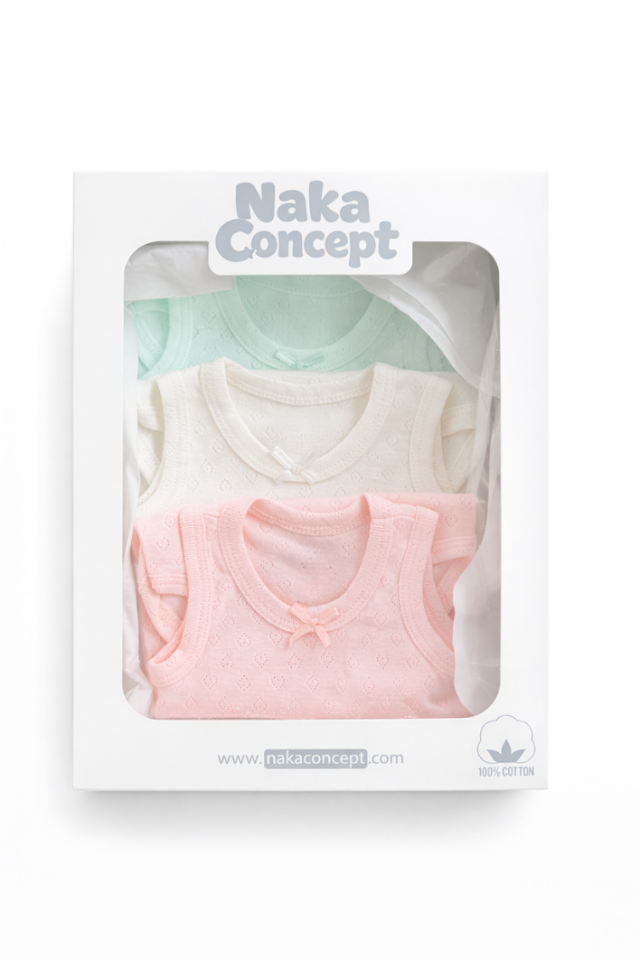 3’lü Organik Pamuk Bebek Zıbın Seti Kolsuz Çıtçıtlı Hediye Kutulu