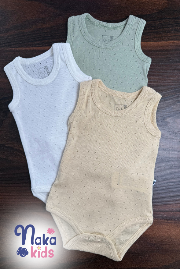 3’lü Erkek Bebek Delikli Zıbın Seti – Yeşil, Beyaz, Bej