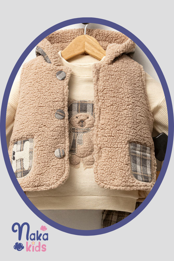 Wellsoft Kapüşonlu Yelek ve Ayıcık Desenli Sweatshirt Altında Kareli Pantolon Kombini