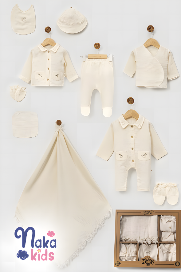 Müslin Oyuncak At Nakışlı  Erkek Bebek Hastane Çıkış Seti- 10 Parça