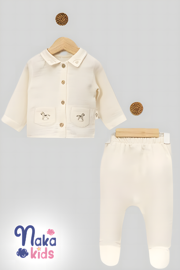 Müslin Oyuncak At Nakışlı  Erkek Bebek Hastane Çıkış Seti- 10 Parça