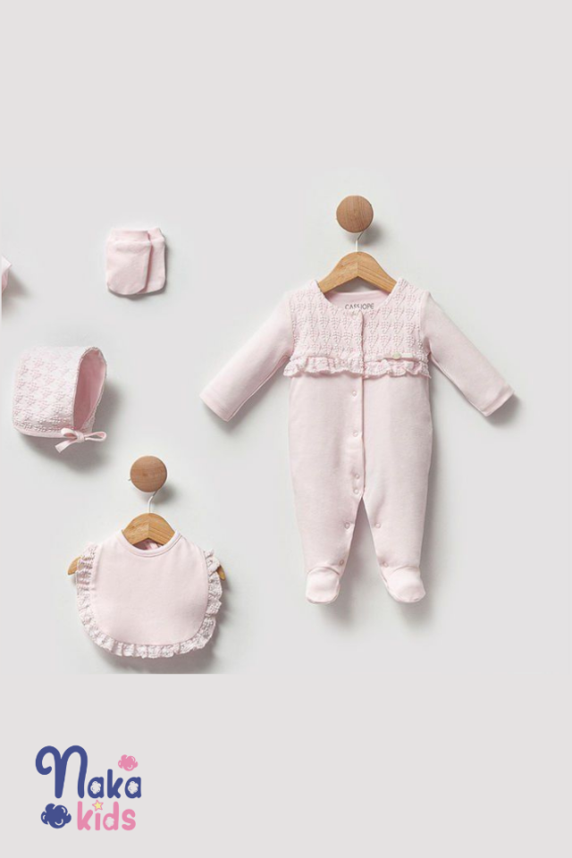 Lüks Organik Pamuk Kız Bebek Hastane Çıkış Seti - Pembe Dantelli