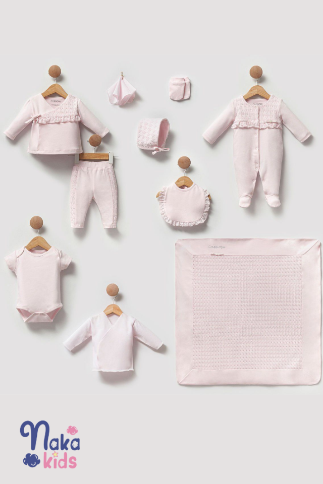 Lüks Organik Pamuk Bebek Hastane Çıkış Seti - Pembe Dantelli