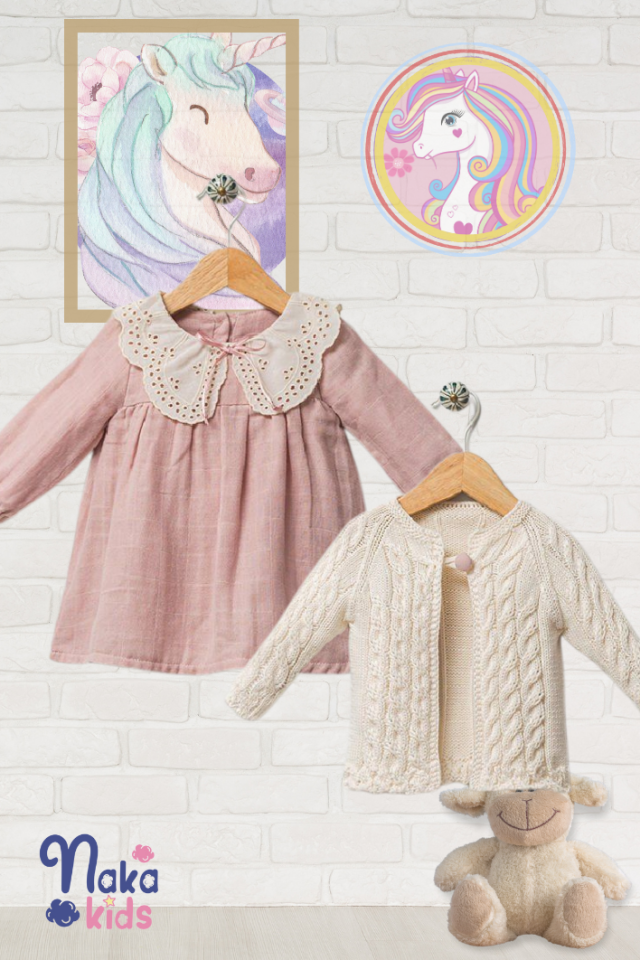 Dantel Zarafeti  Müslin Bebek Elbisesi ve Triko Ceket Seti 3-6 ay - PUDRA