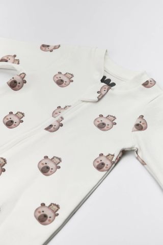 Ayı ve Kirpi Desenli Tulum 0-3 ay - Beyaz