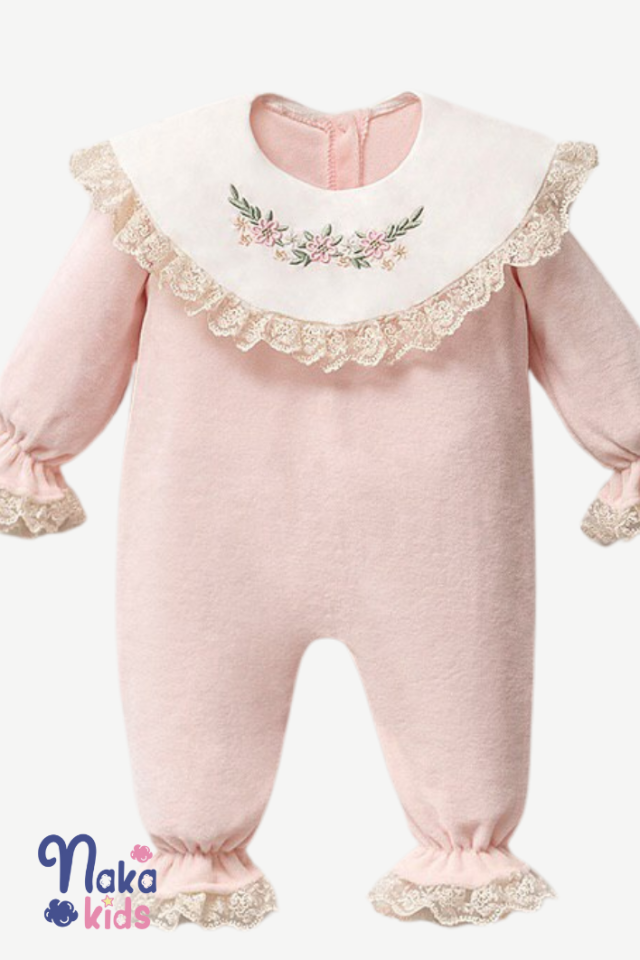 Kadife Kanaviçeli Triko Kız Bebek Hastane Çıkış Seti- Pembe