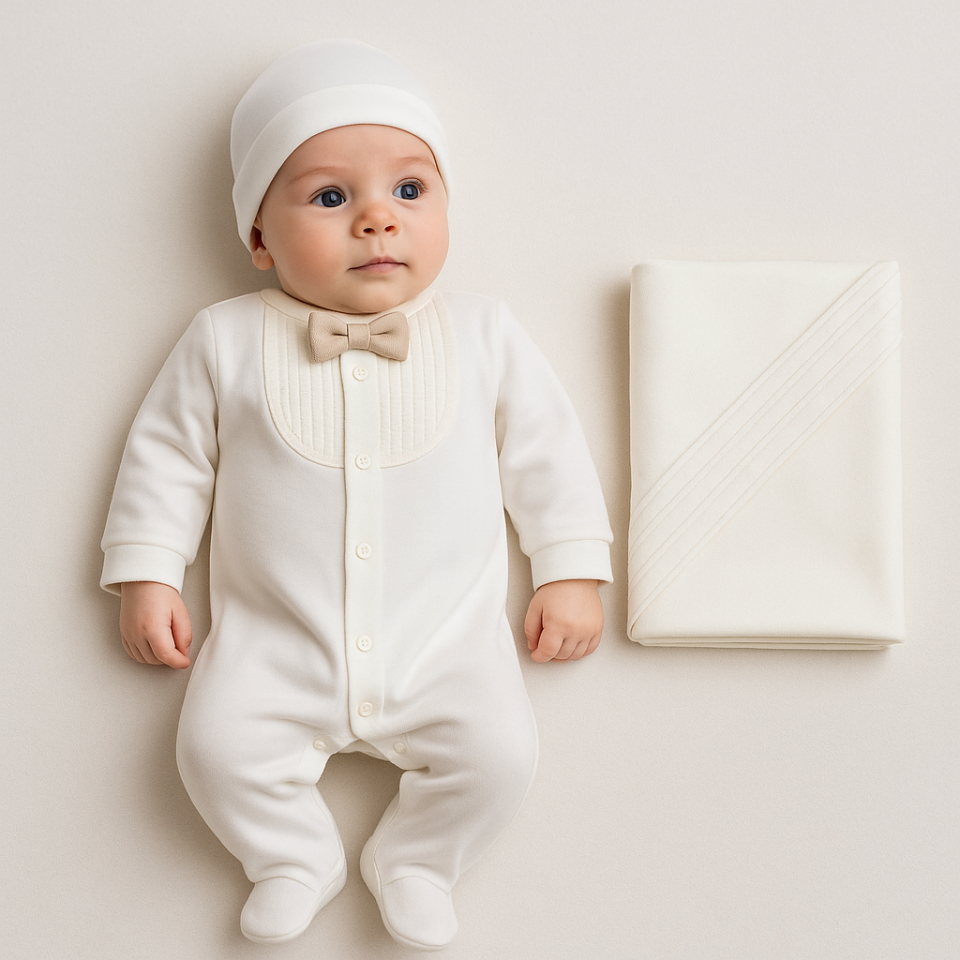 Papyonlu Erkek Bebek Hastane Çıkış Seti- 3 Parça Bej