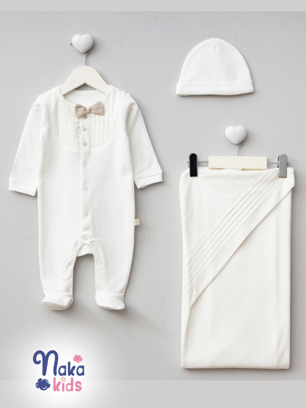 Papyonlu Erkek Bebek Hastane Çıkış Seti- 3 Parça Bej
