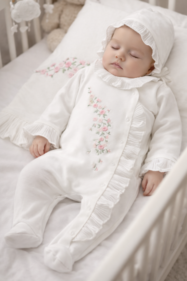 Çiçek Nakışlı  Kız Bebek Hastane Çıkış Seti- 3 Parça Beyaz