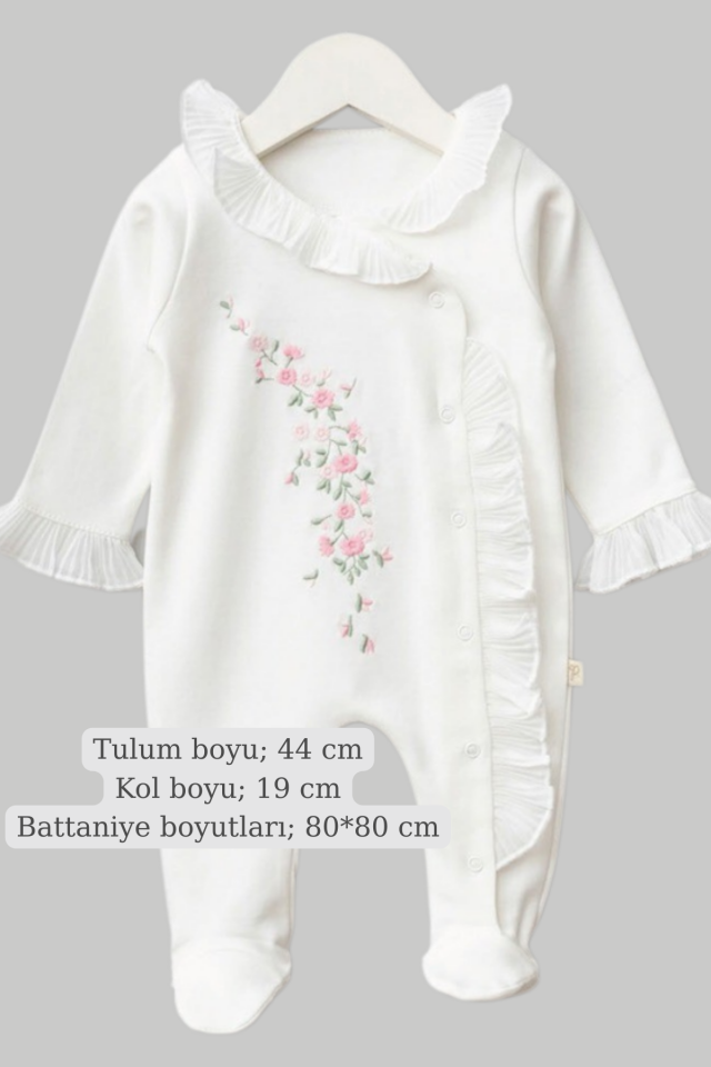 Çiçek Nakışlı  Kız Bebek Hastane Çıkış Seti- 3 Parça Beyaz