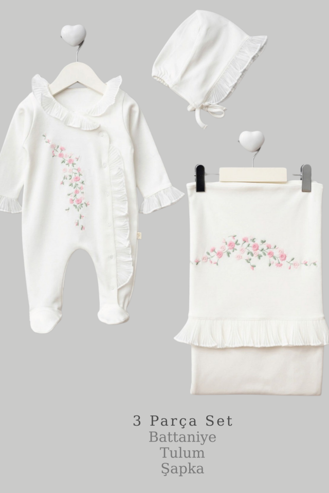 Çiçek Nakışlı  Kız Bebek Hastane Çıkış Seti- 3 Parça Beyaz