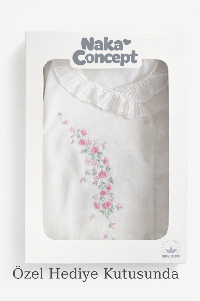 Çiçek Nakışlı  Kız Bebek Hastane Çıkış Seti- 3 Parça Beyaz