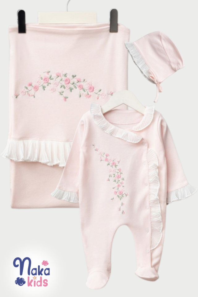 Çiçek Nakışlı  Kız Bebek Hastane Çıkış Seti- 3 Parça Pembe