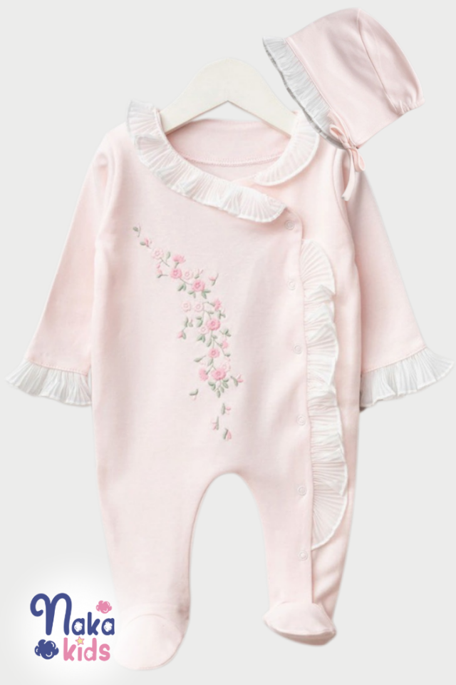 Çiçek Nakışlı  Kız Bebek Hastane Çıkış Seti- 3 Parça Pembe