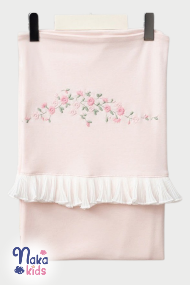 Çiçek Nakışlı  Kız Bebek Hastane Çıkış Seti- 3 Parça Pembe