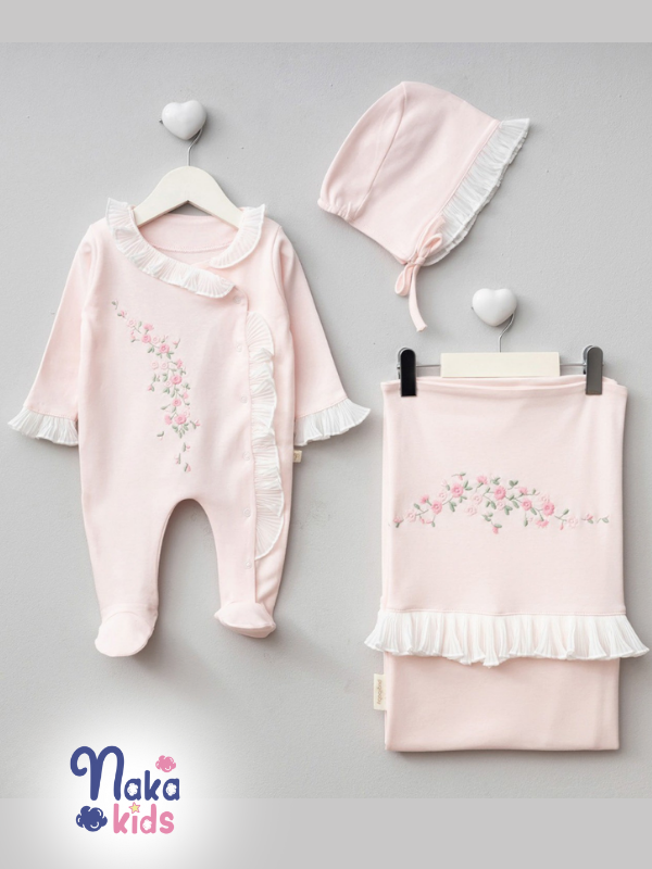 Çiçek Nakışlı  Kız Bebek Hastane Çıkış Seti- 3 Parça Pembe