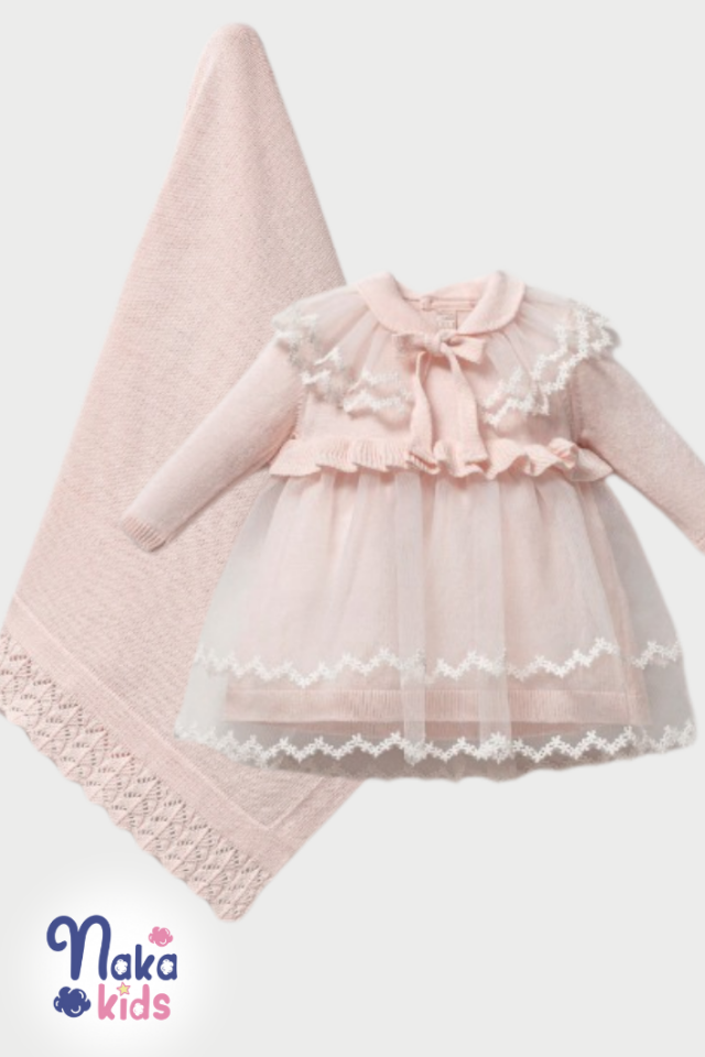 Düz Dantelli Triko 5 Parça  Kız Bebek Hastane Çıkış- Mevlid Seti-Pembe