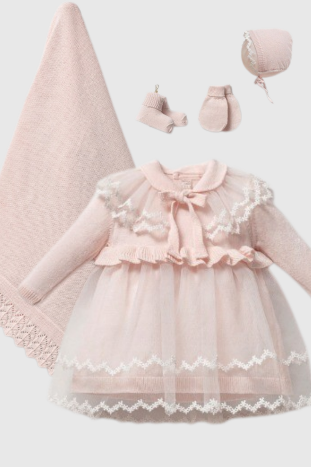 Düz Dantelli Triko 5 Parça  Kız Bebek Hastane Çıkış- Mevlid Seti-Pembe