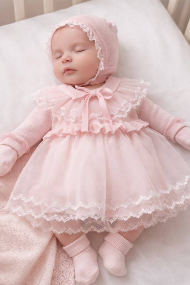 Düz Dantelli Triko 5 Parça  Kız Bebek Hastane Çıkış- Mevlid Seti-Pembe