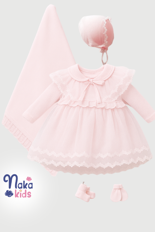 Düz Dantelli Triko 5 Parça  Kız Bebek Hastane Çıkış- Mevlid Seti-Pembe