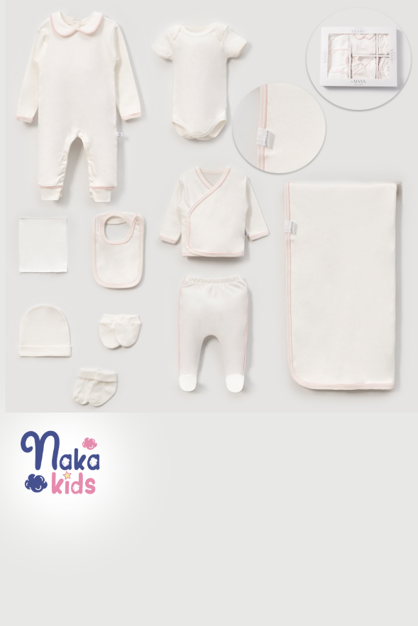 Nakışlı veya Nakışsız Yenidoğan 10 Parça Hastane Çıkış Seti – Pembe Fitilli