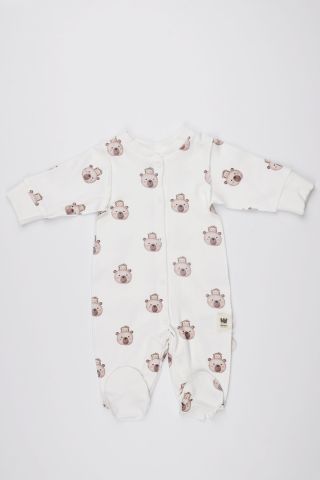 Ayı ve Kirpi Desenli Tulum 0-3 ay - Krem