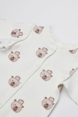 Ayı ve Kirpi Desenli Tulum 3-6 ay - Krem