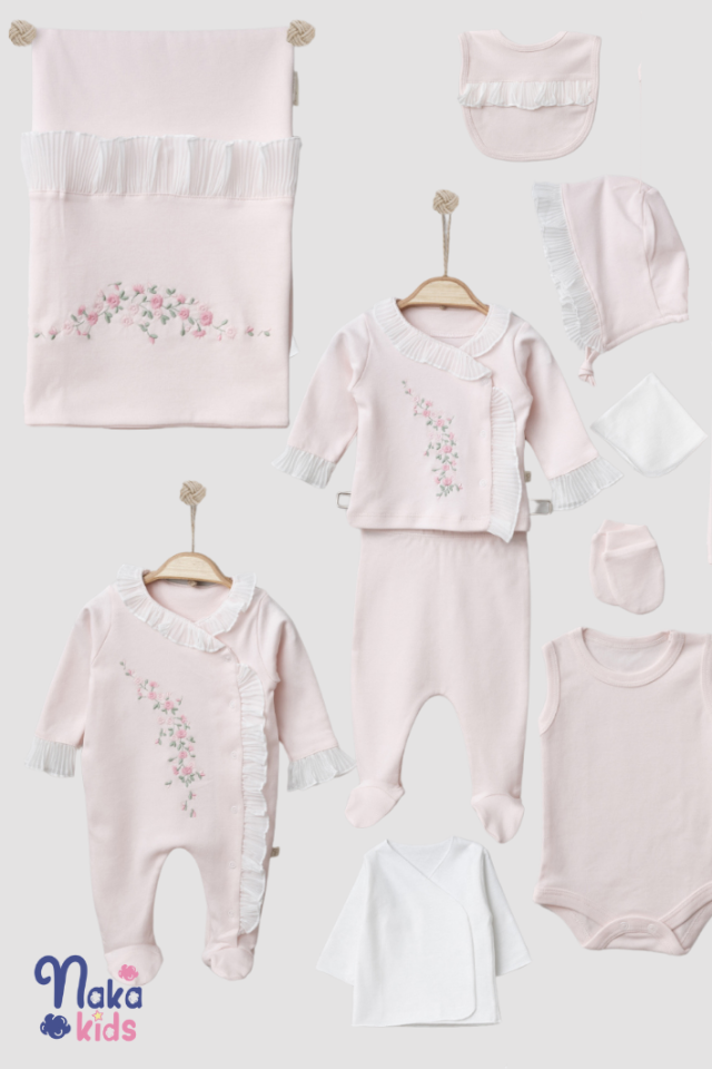 Çiçek Nakışlı Şık Kız Bebek Hastane Çıkış Seti - 10 Parça-Pembe