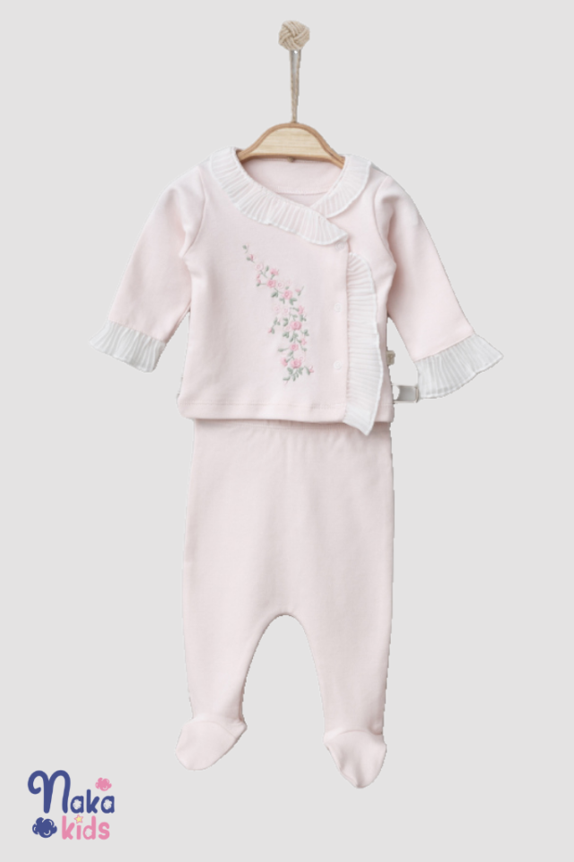 Çiçek Nakışlı Şık Kız Bebek Hastane Çıkış Seti - 10 Parça-Pembe