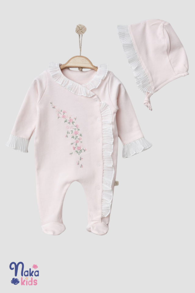 Çiçek Nakışlı Şık Kız Bebek Hastane Çıkış Seti - 10 Parça-Pembe