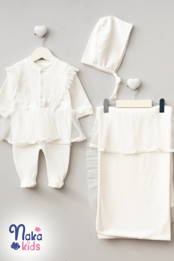 Melek Kız Bebek Hastane Çıkış Seti- 3 Parça Beyaz