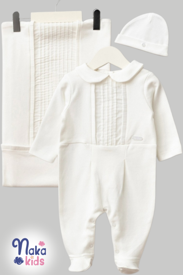 Vual Pliseli 3’lü Erkek Bebek Hastane Çıkış Seti – Beyaz