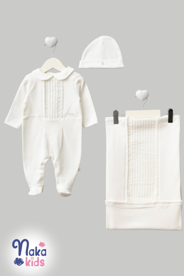 Vual Pliseli 3’lü Erkek Bebek Hastane Çıkış Seti – Beyaz