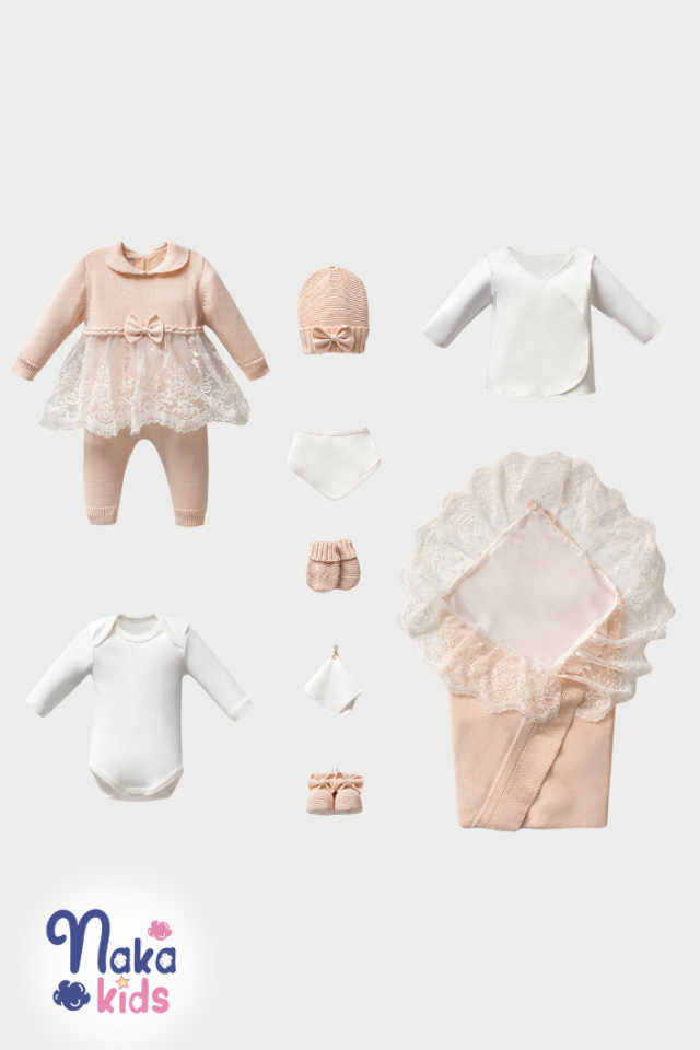 Dantelli Tüllü 10’lu Kız Bebek Hastane Çıkış Seti – Bej