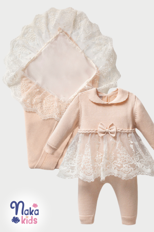 Dantelli Tüllü 10’lu Kız Bebek Hastane Çıkış Seti – Bej
