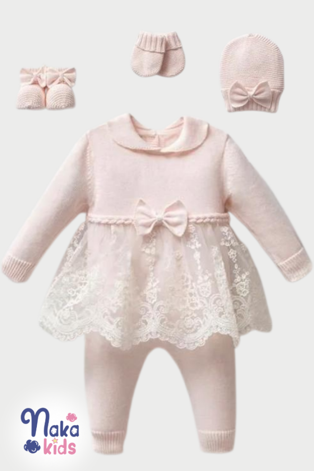 Dantelli Tüllü 10’lu Kız Bebek Hastane Çıkış Seti – Pembe