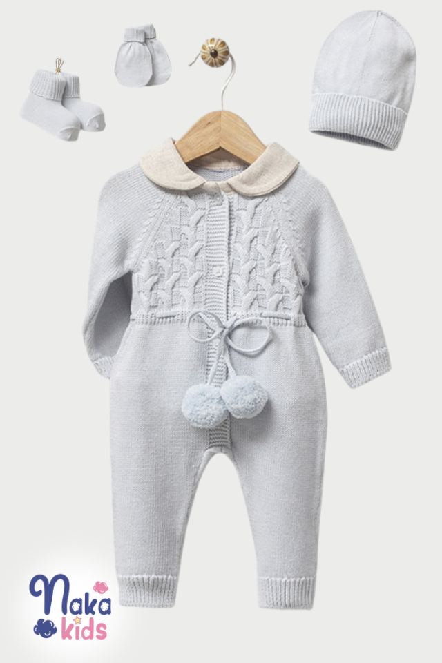 Ponpon Detaylı 5’li Erkek Bebek Hastane Çıkış Seti – Mavi