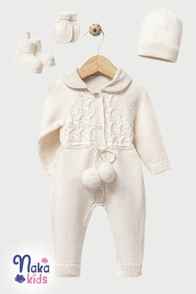 Ponpon Detaylı 5’li Bebek Hastane Çıkış Seti – Krem