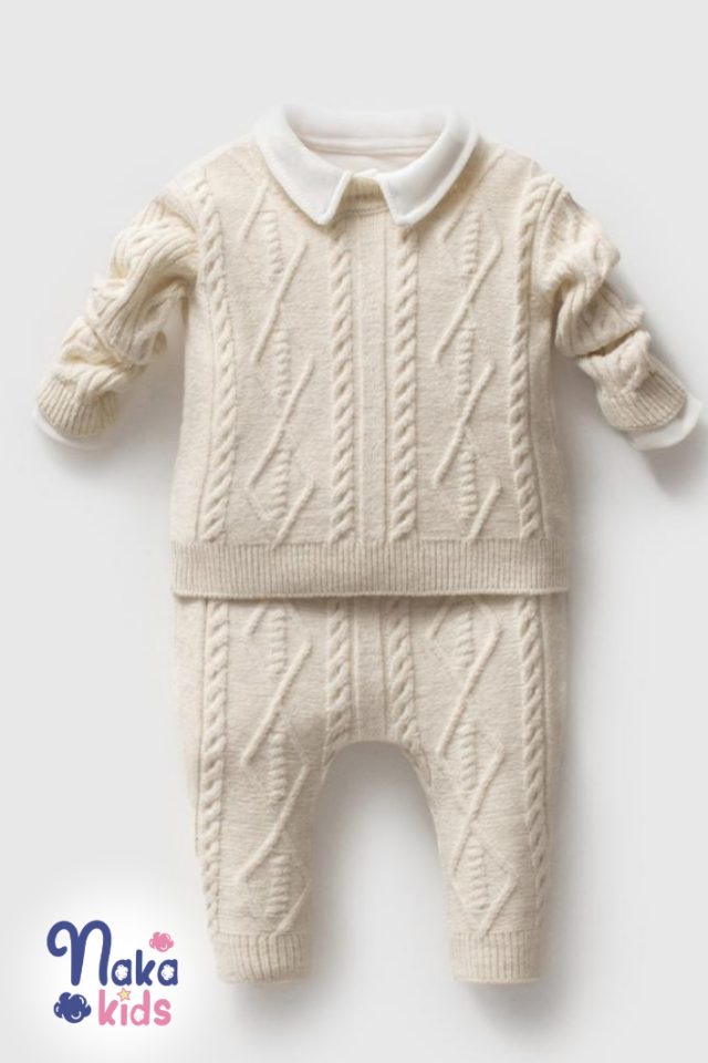 Örgü Desenli 3’lü Unisex Bebek Triko Takım – Krem