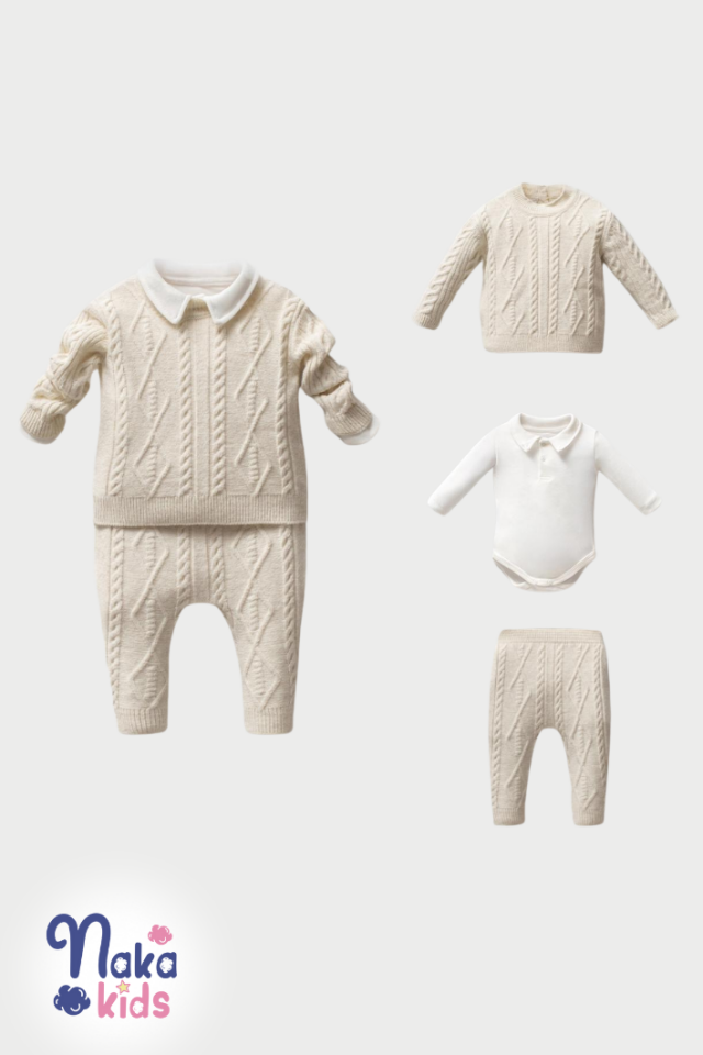 Örgü Desenli 3’lü Unisex Bebek Triko Takım – Krem
