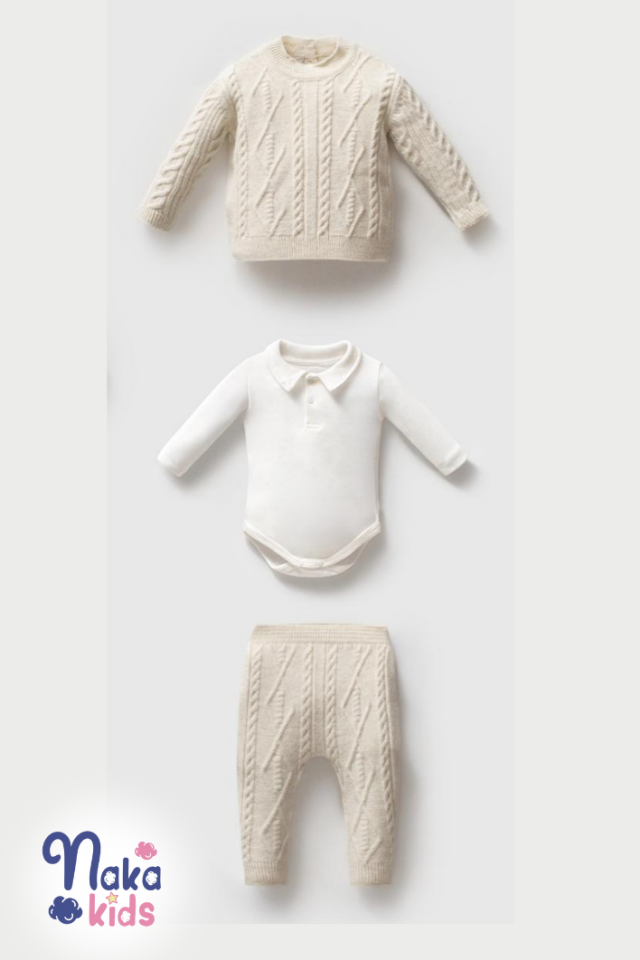 Örgü Desenli 3’lü Unisex Bebek Triko Takım – Krem