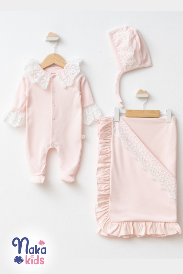 %100 Pamuk Kız Bebek 3’lü Hastane Çıkış Seti Fırfır-Dantelli Pembe
