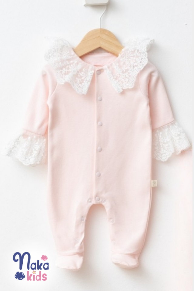 %100 Pamuk Kız Bebek 3’lü Hastane Çıkış Seti Fırfır-Dantelli Pembe