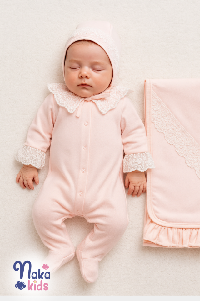 %100 Pamuk Kız Bebek 3’lü Hastane Çıkış Seti Fırfır-Dantelli Pembe