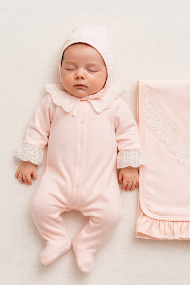 %100 Pamuk Kız Bebek 3’lü Hastane Çıkış Seti Fırfır-Dantelli