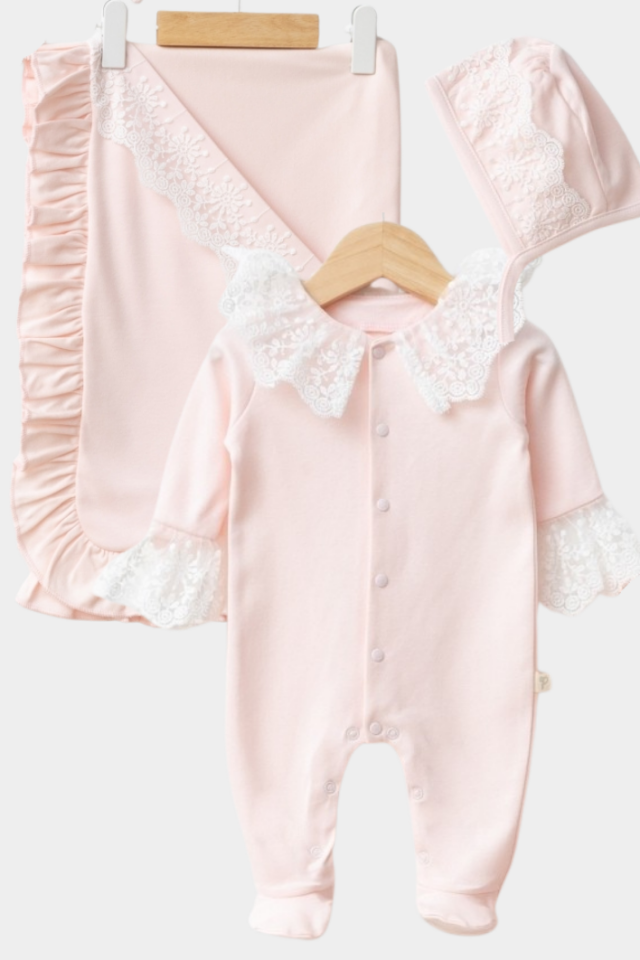 %100 Pamuk Kız Bebek 3’lü Hastane Çıkış Seti Fırfır-Dantelli