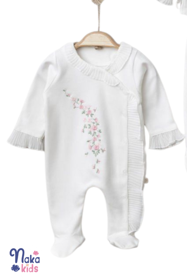 Çiçek Nakışlı Şık Kız Bebek Hastane Çıkış Seti - 10 Parça- Beyaz