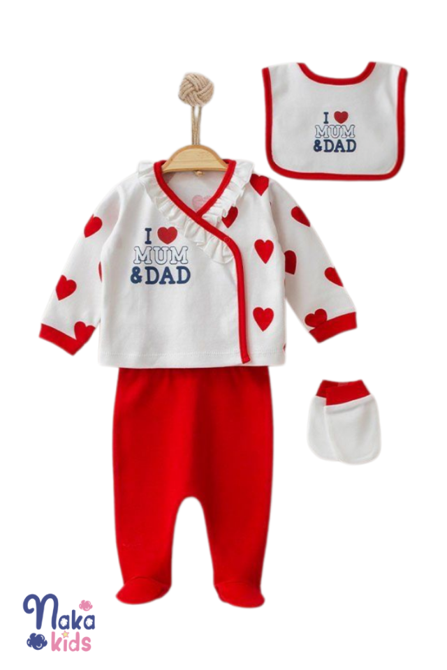 I Love Mum and Dad'' Yazılı Kırmızı Kalpli Kız Bebek Hastane Çıkış Seti - 10 Parça